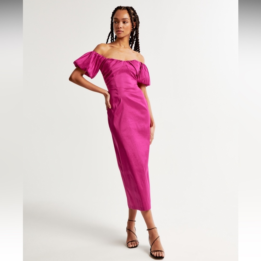 Brand New With Tags Abercrombie & Fitch Pink Puff Sleeve Midi Dress